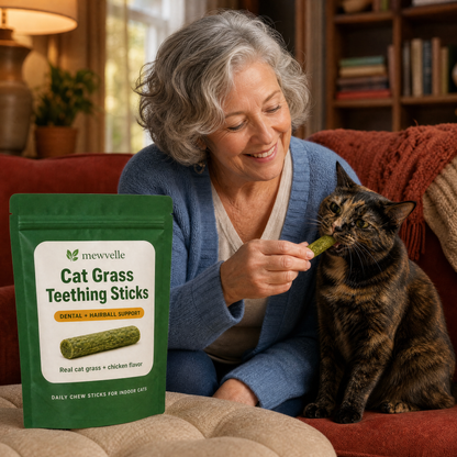 Woman giving a Mewvelle stick to her tortoiseshell cat